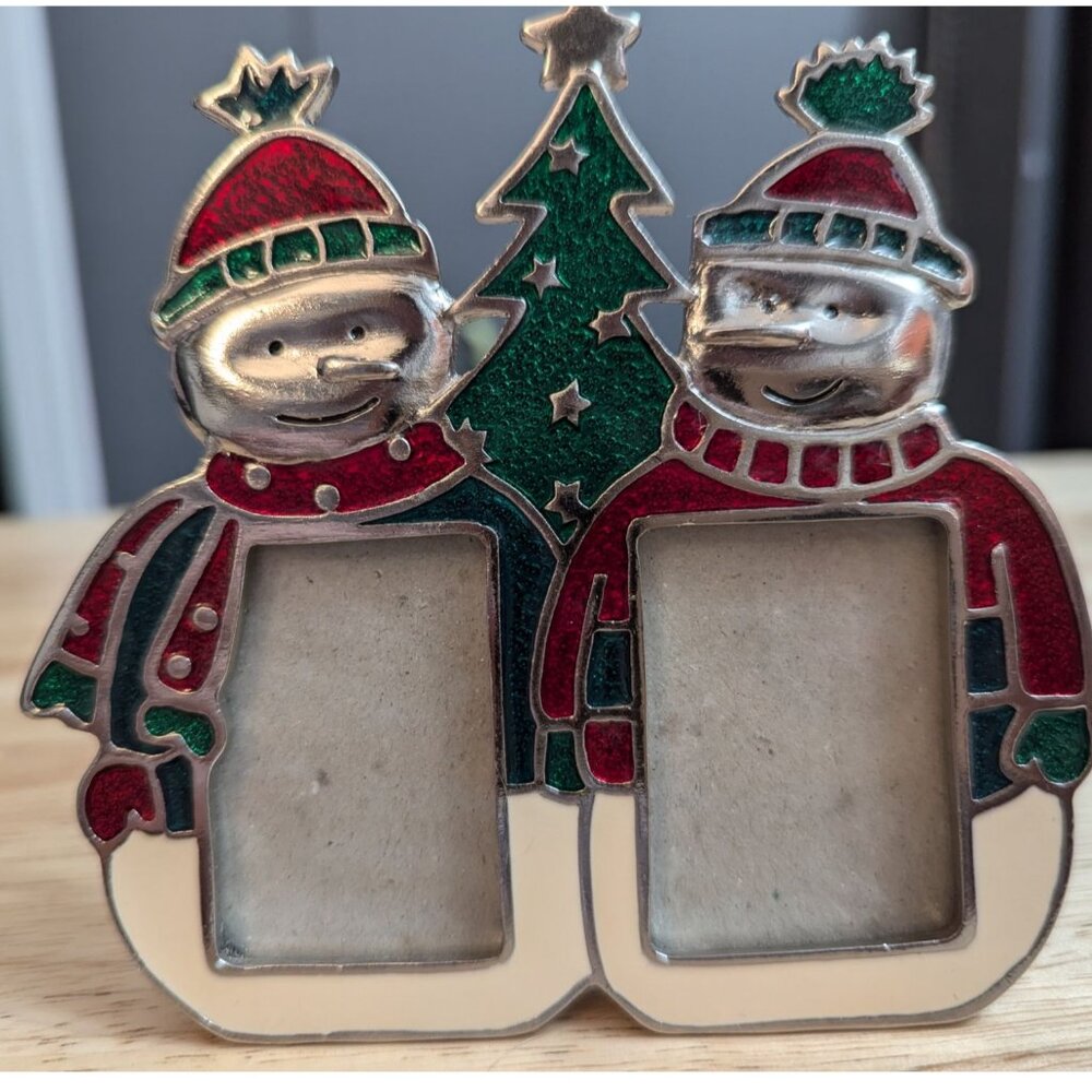 Pewter enamel glitter snowman double frame‎ mini green red stand up decor